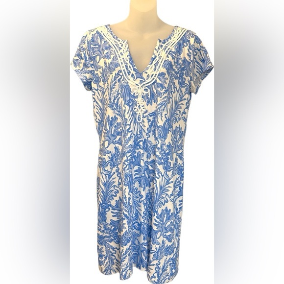 Lilly Pulitzer Brewster Dress Resort White Aqua Lounge L 100% PIMA  COTTON Beach - Picture 1 of 6